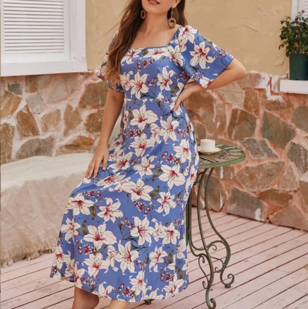 Floral Print Square Neck Dress 4x
